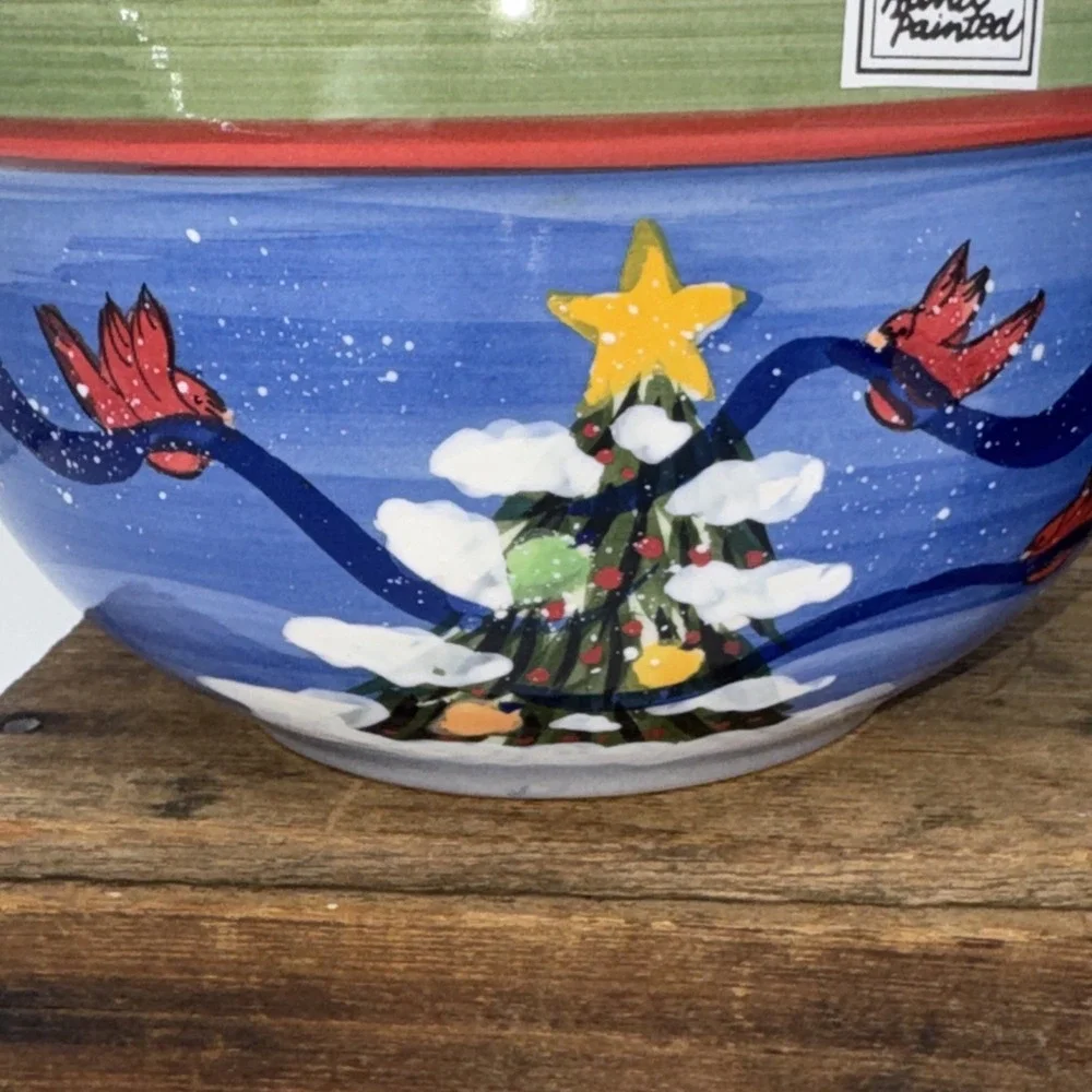 Mixing Serving Bowls Set of 2 Hand Painted‎ Christmas Tree Cardinal Stoneware